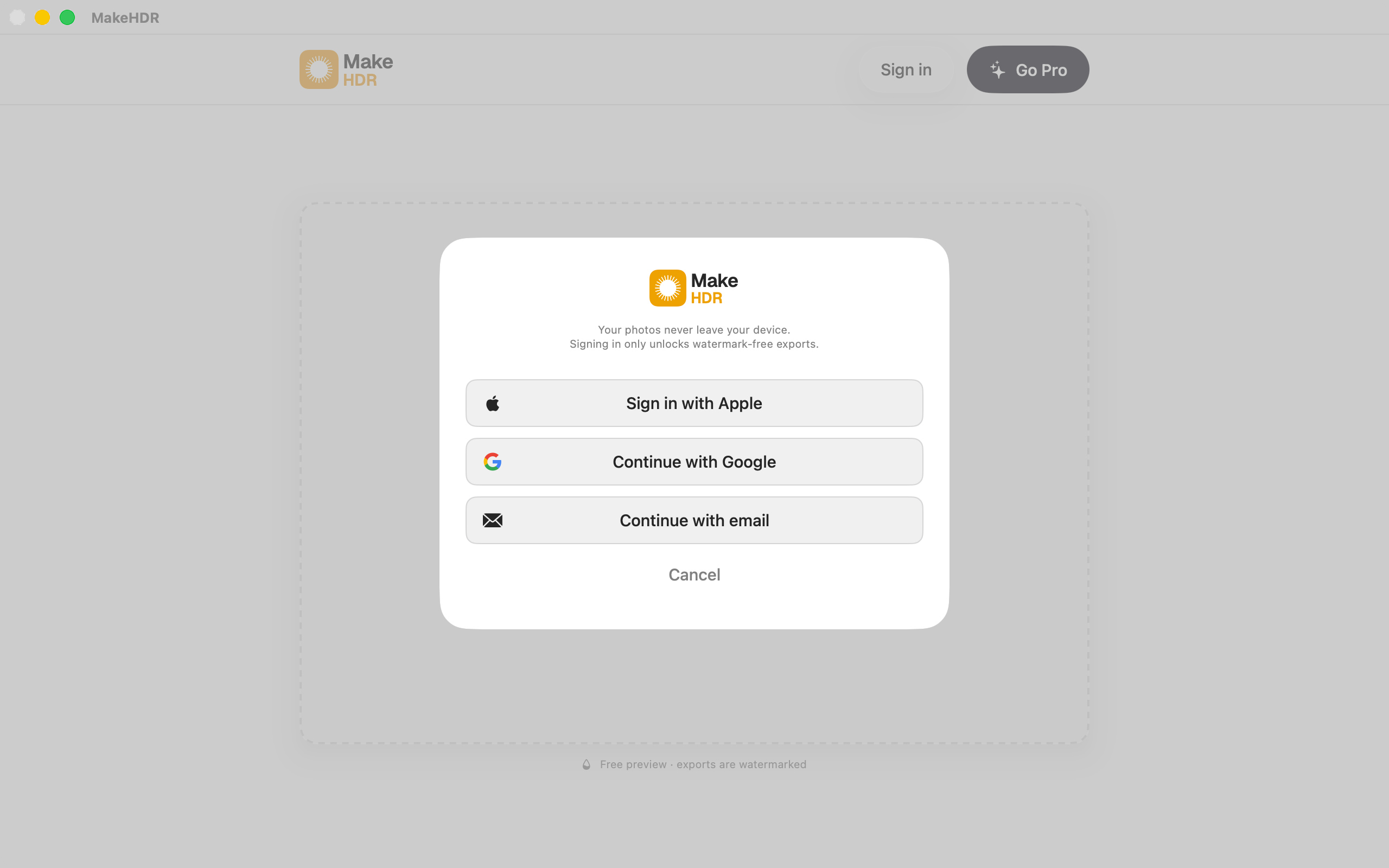 MakeHDR on Mac — Sign in view
